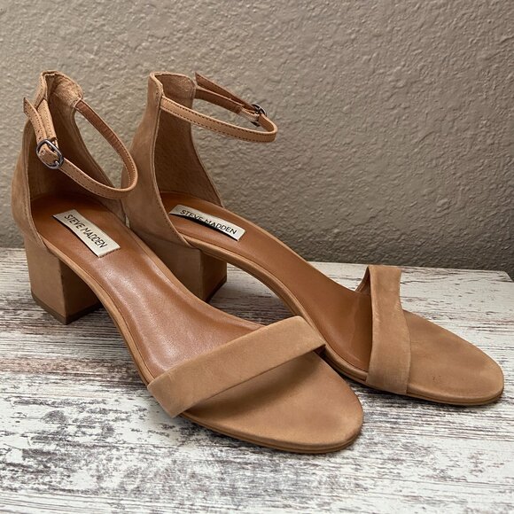 Steve Madden Irenee Tan Leather Sandal Block Heel 10 - Picture 1 of 5